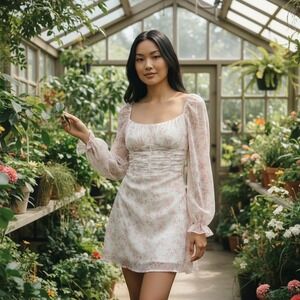 Allison + Kelly Mini Dress L Pink White Excellent Floral Square Neck Long Sleeve